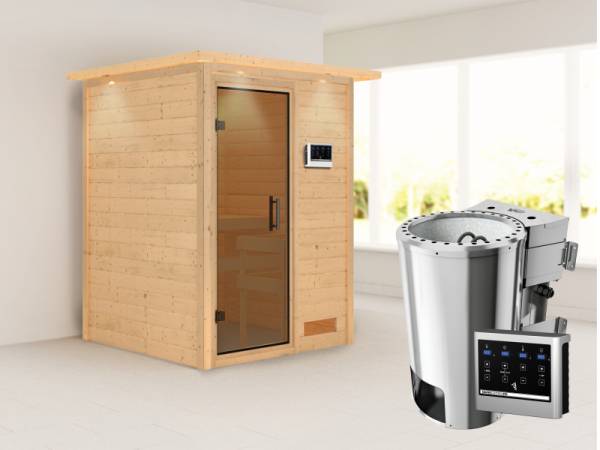 Nadja - Karibu Sauna Plug &amp; Play 3,6 kW Bio Ofen, ext. Steuerung - mit Dachkranz - Moderne Saunatür