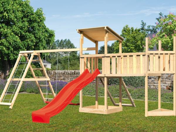 Akubi Spielturm Anna + Rutsche rot + Doppelschaukelanbau Klettergerüst + Anbauplattform XL + Netzrampe + Schiffsanbau oben