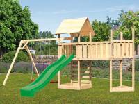 Akubi Spielturm Lotti Satteldach + Schiffsanbau oben + Doppelschaukel + Anbauplattform XL + Kletterwand + Rutsche in grün