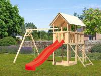 Akubi Spielturm Danny Satteldach + Rutsche rot + Doppelschaukel + Kletterwand