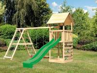 Akubi Spielturm Lotti- Doppelschaukel mit Klettergerüst, Kletterwand und Rutsche in grün