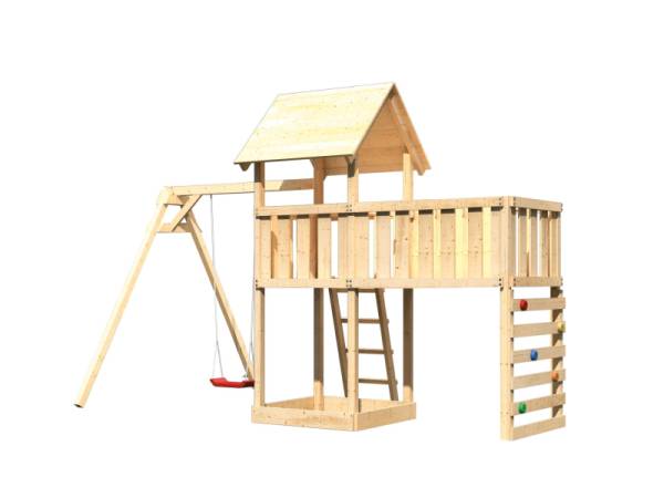 Akubi Spielturm Lotti Satteldach + Einzelschaukel + Anbauplattform XL + Kletterwand