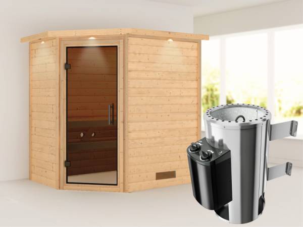 Cilja - Karibu Sauna Plug &amp; Play 3,6 kW Ofen, int. Steuerung - mit Dachkranz - Moderne Saunatür