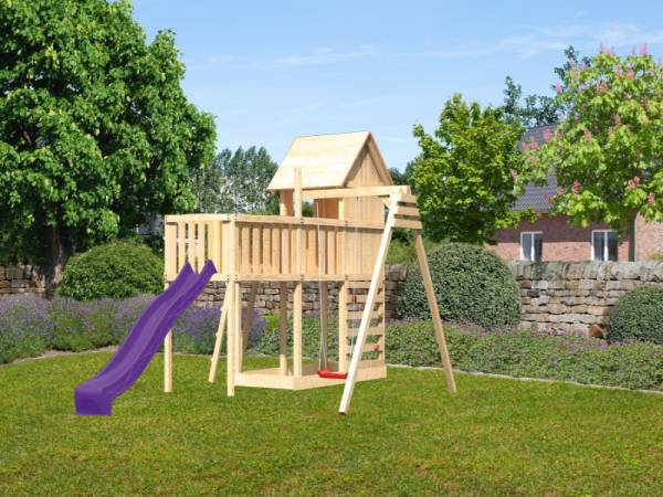 Akubi Stelzenhaus Frieda + Rutsche violett + Einzelschaukel + Anbauplattform XL + Kletterwand