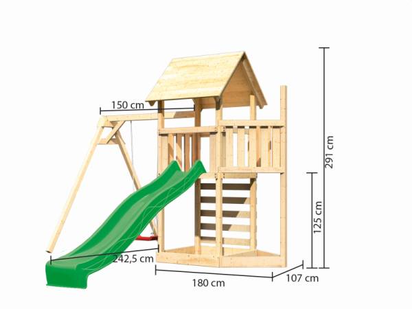 Akubi Spielturm Lotti Satteldach + Schiffsanbau oben + Einzelschaukel + Kletterwand + Rutsche in grün