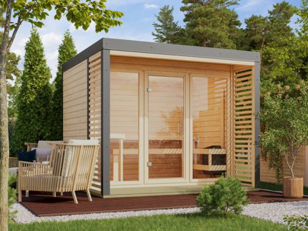 Karibu Hybrid Saunahaus Ares 3, naturbelassen/graualuminium -ohne Ofen- Karibu Hybrid Saunahaus Ares 3, naturbelassen/graualuminium -ohne Ofen-