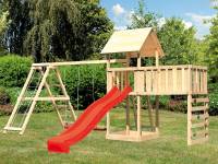 Akubi Spielturm Lotti Satteldach + Rutsche rot + Doppelschaukel Klettergerüst + Anbauplattform XL + Kletterwand