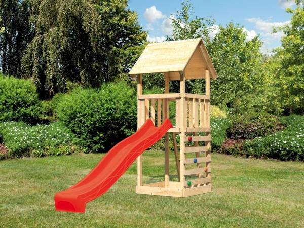 Akubi Spielturm Lotti mit Kletterwand und Rutsche rot Akubi Spielturm Lotti mit Kletterwand und Rutsche rot