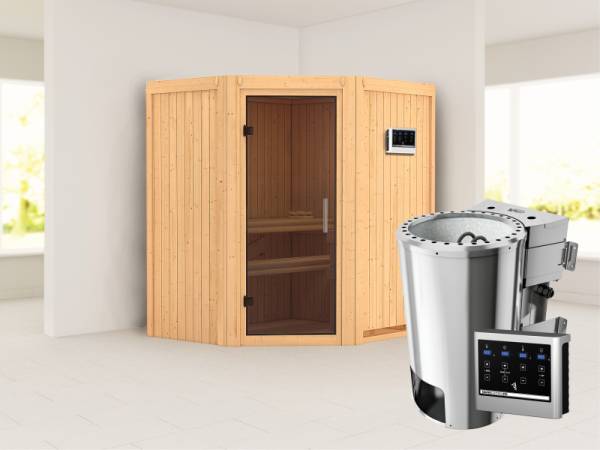 Tonja - Karibu Sauna Plug & Play 3,6 kW Bio Ofen, ext. Steuerung - ohne Dachkranz - Moderne Saunatür
