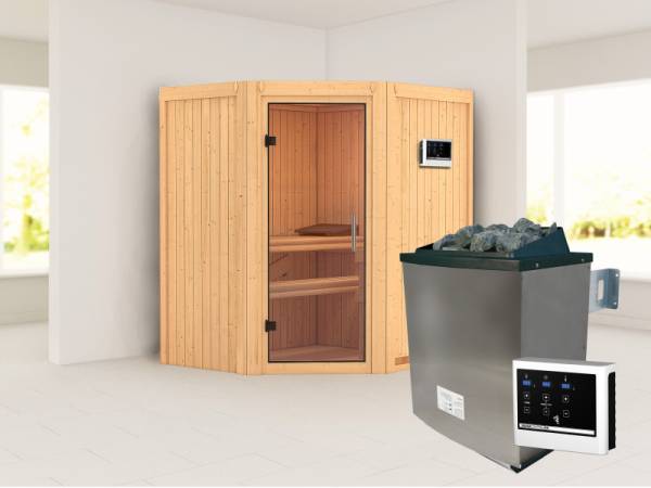 Karibu Sauna Taurin- klarglas Saunatür- 4,5 kW Ofen ext. Strg- ohne Dachkranz