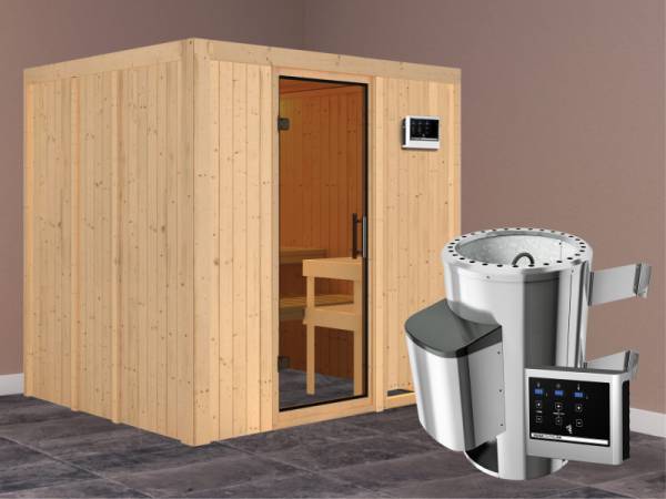 Daria - Karibu Sauna Plug &amp; Play 3,6 kW Ofen, ext. Steuerung - ohne Dachkranz - Moderne Saunatür