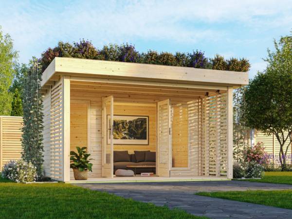 Karibu Aktionsgartenhaus Chalet mit Terrasse, natur, inkl. selbstklebende Dachbahn, Vlies, Wurzelschutzfolie (für Dachbegrünung)