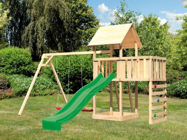 Akubi Spielturm Lotti Satteldach + Rutsche grün + Doppelschaukel + Anbauplattform + Kletterwand