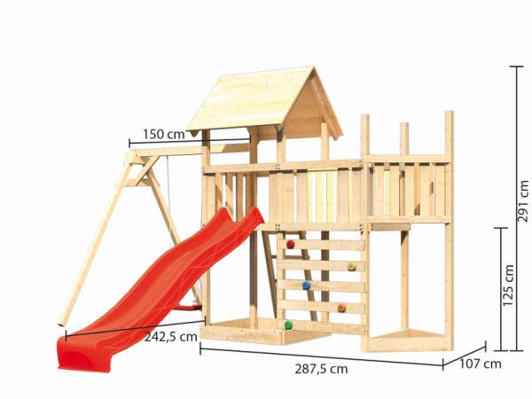 Akubi Spielturm Lotti Satteldach + Schiffsanbau oben + Anbauplattform + Einzelschaukel + Kletterwand + Rutsche in rot