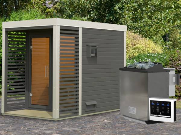 Karibu Hybrid Saunahaus Ares 1, terragrau/weiß -inkl. 9 kW Bioofen ext. Steuerung-