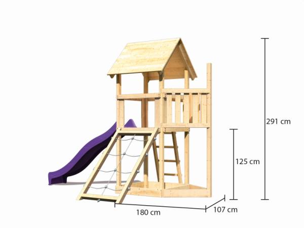Akubi Spielturm Lotti Satteldach + Schiffsanbau oben + Netzrampe + Rutsche in violett