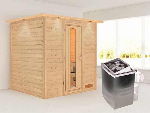 Karibu Woodfeeling Sauna Anja - energiesparende Saunatür - 4,5 kW Ofen integr. Strg. - mit Dachkranz