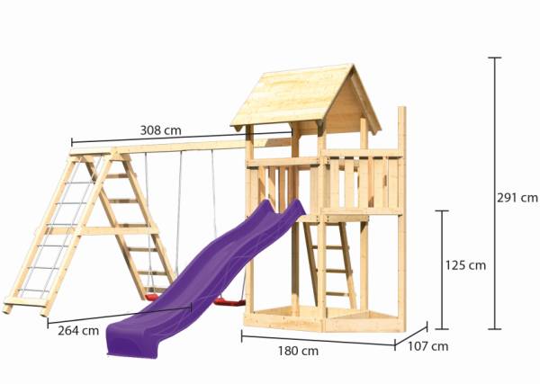 Akubi Spielturm Lotti Satteldach + Schiffsanbau oben + Doppelschaukel mit Klettergerüst + Rutsche in violett