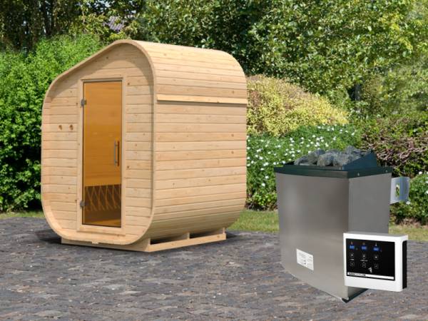 Karibu Fasssauna Asymmetrisch 1, inkl. 9 kW Ofen ext. Steuerung Karibu Fasssauna Asymmetrisch 1, inkl. 9 kW Ofen ext. Steuerung