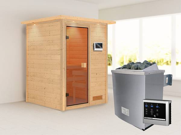 Karibu Woodfeeling Sauna Svenja- klassische Saunatür- 4,5 kW Ofen ext. Strg- mit Dachkranz