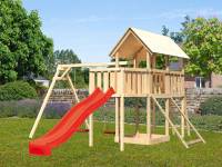 Akubi Spielturm Danny Satteldach + Rutsche rot + Doppelschaukel + Anbauplattform + Netzrampe
