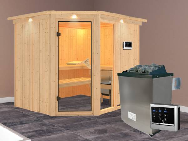 Fiona 3 - Karibu Sauna inkl. 9-kW-Ofen - mit Dachkranz -