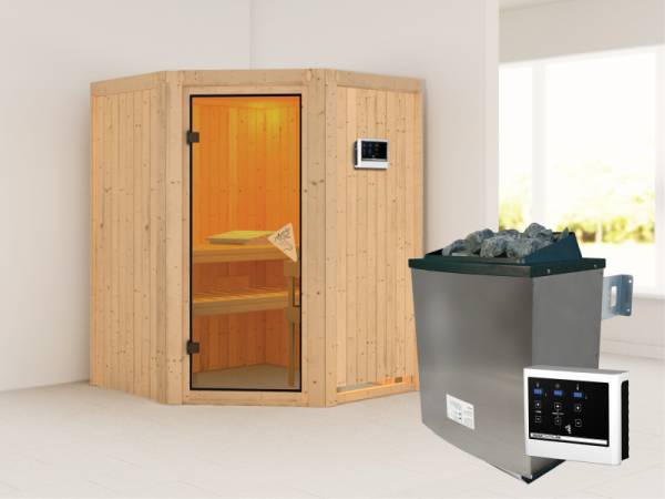 Karibu Sauna Larin- klassische Saunatür- 4,5 kW Ofen ext. Strg- ohne Dachkranz