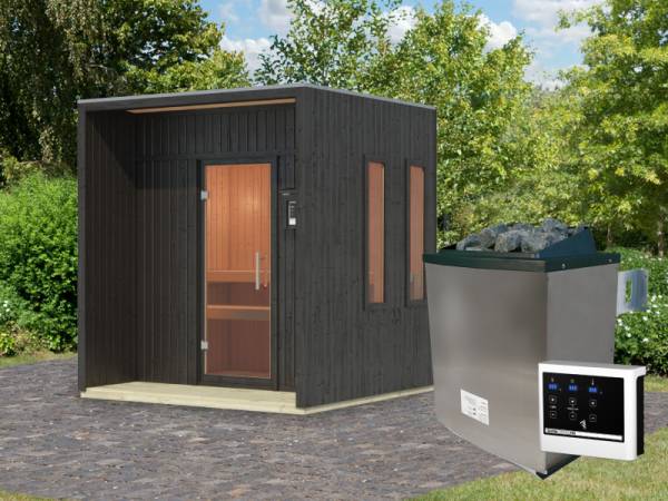 Karibu Saunahaus Arcadia, schwarz, 73 mm -inkl. 9 kW Ofen ext. Steuerung Karibu Saunahaus Arcadia, schwarz, 73 mm -inkl. 9 kW Ofen ext. Steuerung
