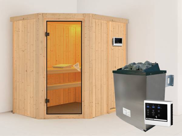 Karibu Sauna Carin- klassische Saunatür- 4,5 kW Ofen ext. Strg- ohne Dachkranz