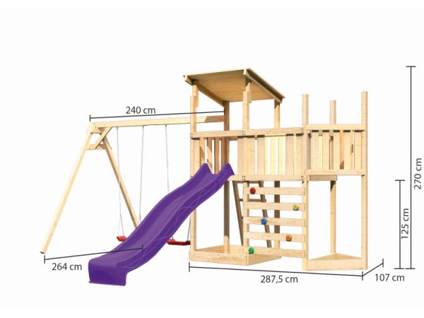 Akubi Spielturm Anna + Rutsche violett + Doppelschaukel + Anbauplattform + Kletterwand + Schiffsanbau oben