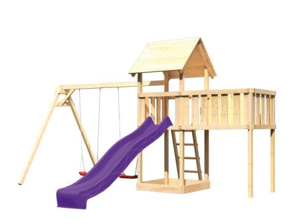 Akubi Spielturm Lotti natur mit Anbauplattform XL, Doppelschaukel und Rutsche violett