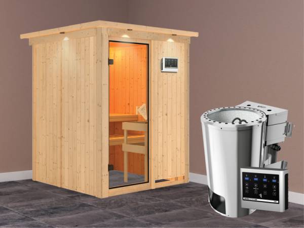 Minja - Karibu Sauna Plug &amp; Play inkl. 3,6 kW-Bioofen - mit Dachkranz -