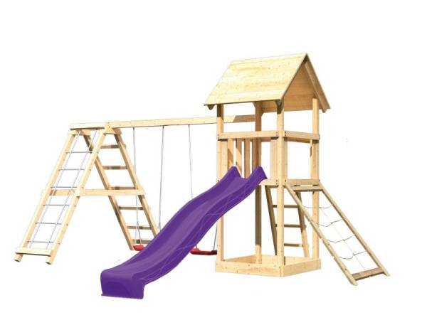 Akubi Spielturm Lotti- Doppelschaukel mit Klettergerüst, Netzrampe und Rutsche in violett