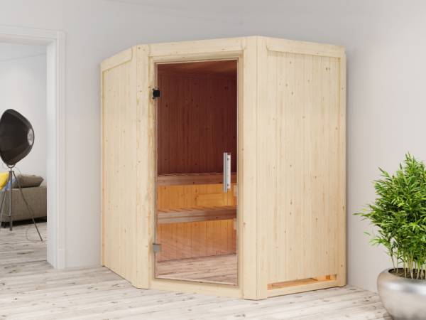 Karibu Sauna Larin inkl. 9kW Ofen externe Steuerung, mit Klarglas-Ganzglastür -ohne Dachkranz-