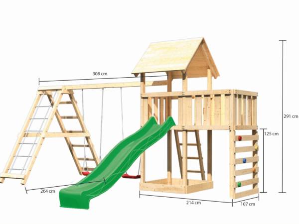 Akubi Spielturm Lotti Satteldach + Rutsche grün + Doppelschaukel Klettergerüst + Anbauplattform + Kletterwand