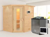 Karibu Sauna Mia inkl. 9 kW Bioofen ext. Steuerung, mit energiesparender Saunatür -mit Dachkranz-