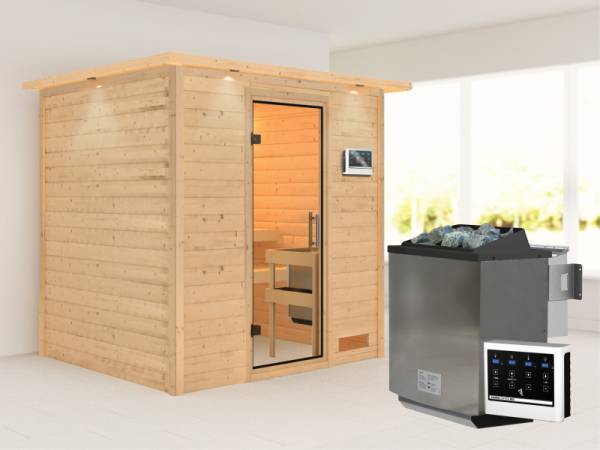 Karibu Sauna Anja inkl. 9 kW Bioofen ext. Steuerung, mit Klarglas Saunatür -mit Dachkranz-