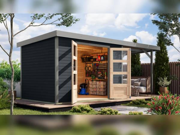 Karibu Hybrid Gartenhaus Jupiter 4 C anthrazit/graualuminium, inkl. 2,35 m Anbaudach
