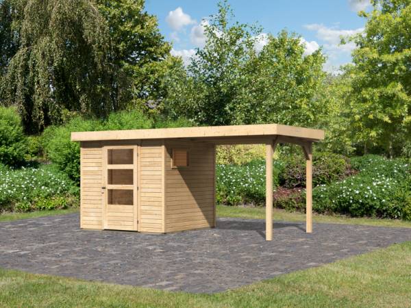 Karibu Gartenhaus Freiburg 2 natur mit Anbaudach 2,4 Meter