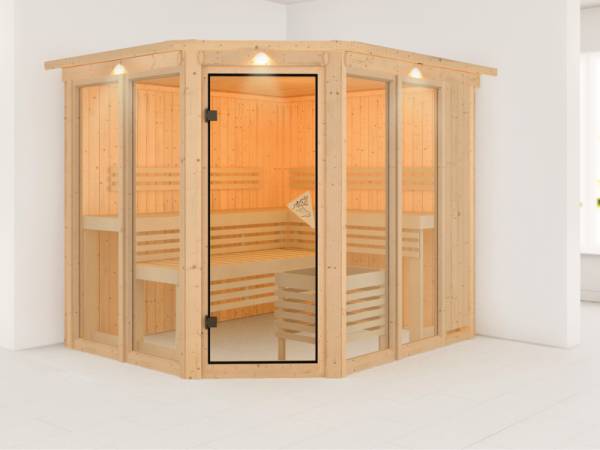Karibu Sauna Sinur mit Dachkranz ohne Ofen 68 mm Karibu Sauna Sinur mit Dachkranz ohne Ofen 68 mm