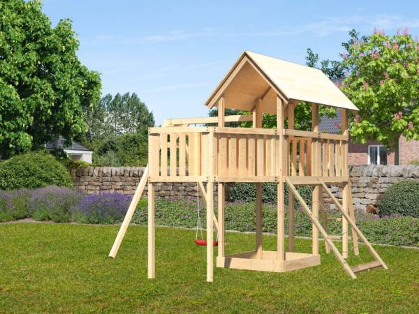 Akubi Spielturm Danny Satteldach + Einzelschaukel + Anbauplattform XL + Netzrampe
