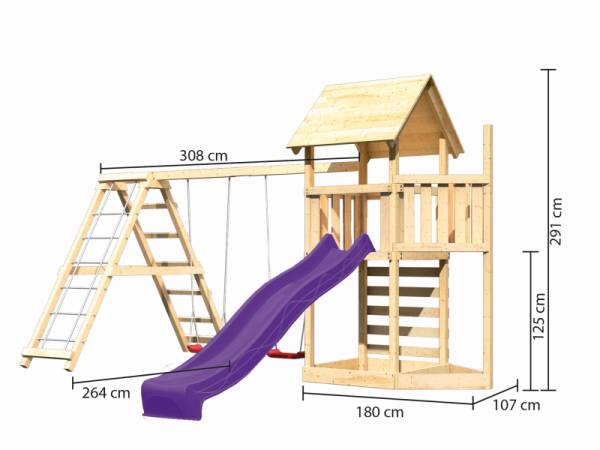Akubi Spielturm Lotti Satteldach + Schiffsanbau oben + Doppelschaukel mit Klettergerüst + Kletterwand + Rutsche in violett