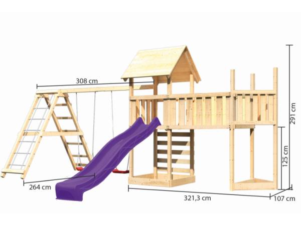 Akubi Spielturm Lotti Satteldach + Schiffsanbau oben + Doppelschaukel mit Klettergerüst + Anbauplattform XL + Kletterwand + Rutsche in violett