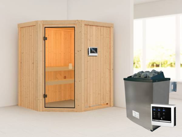 Karibu Sauna Faurin inkl. 9 kW Ofen ext. Steuerung mit klassischer Saunatür -ohne Dachkranz-
