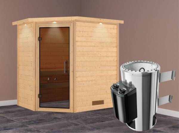 Cilja - Karibu Sauna Plug &amp; Play 3,6 kW Ofen, int. Steuerung - mit Dachkranz - Moderne Saunatür