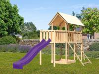Akubi Spielturm Danny Satteldach + Rutsche violett + Anbauplattform + Netzrampe