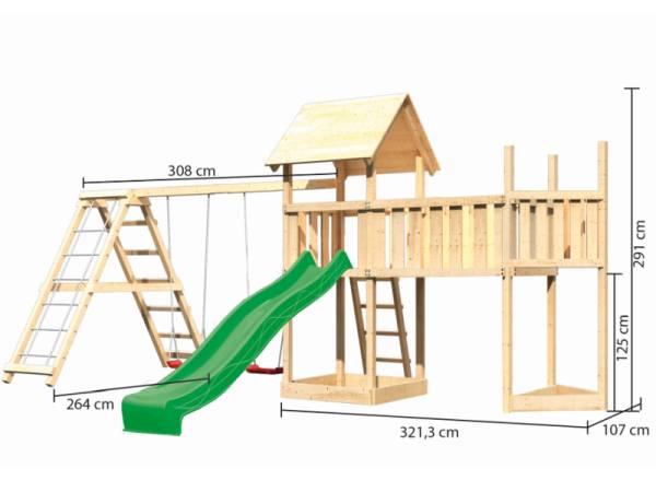Akubi Spielturm Lotti Satteldach + Schiffsanbau oben + Doppelschaukel mit Klettergerüst + Anbauplattform XL + Rutsche in grün