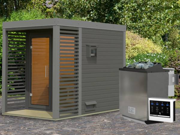 Karibu Hybrid Saunahaus Ares 1, terragrau/staubgrau -inkl. 9 kW Bioofen ext. Steuerung-