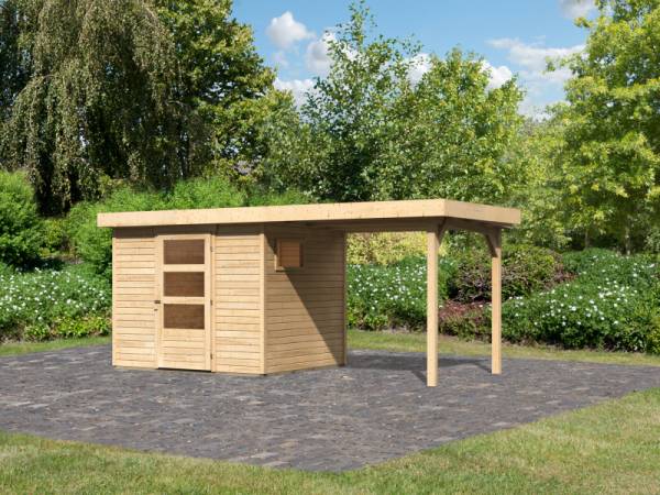 Karibu Gartenhaus Freiburg 3 natur mit Anbaudach 2,4 Meter