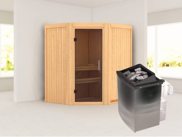 Karibu Sauna Taurin- moderne Saunatür- 4,5 kW Ofen integr. Strg- ohne Dachkranz